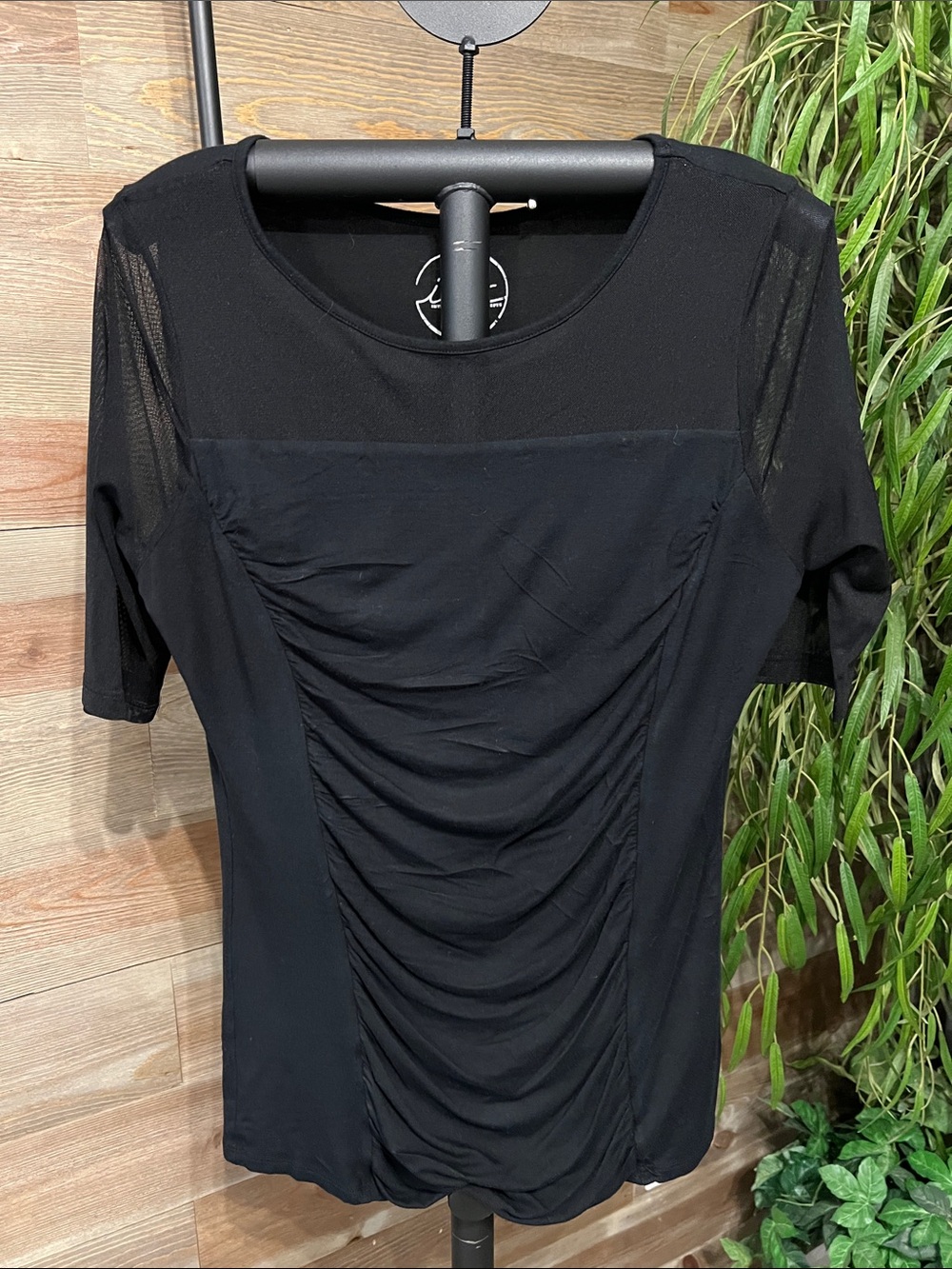 INC International Concepts black short sleeve tee with mesh bodice & sleeves L
